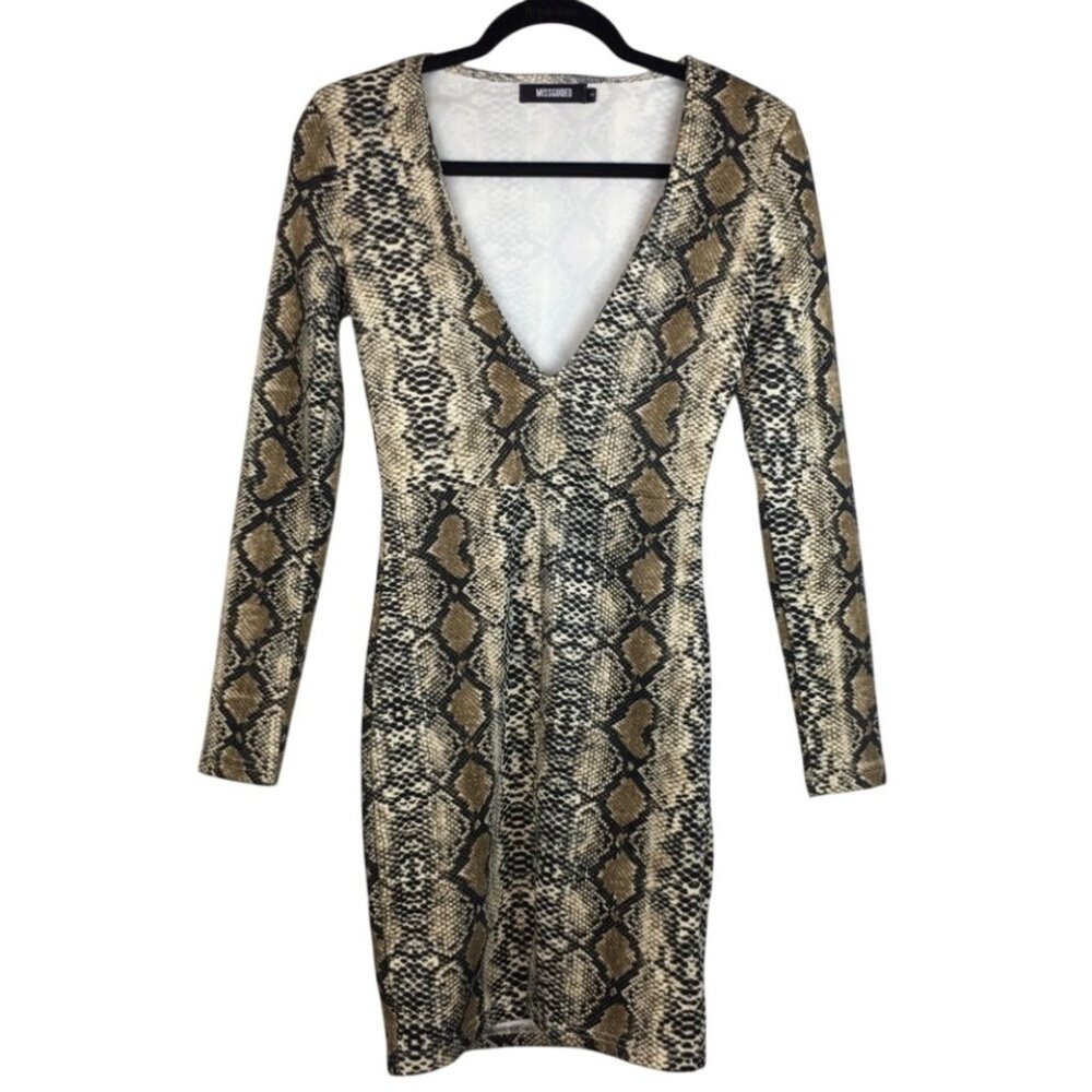 Missguided MobWife Snake Print‎ V-Neck Long Sleeve Bodycon Dress Women's Size 6